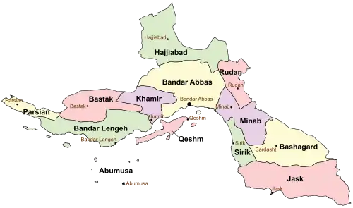 Location of Jask County in&nbsp;Hormozgan&nbsp;province (bottom right, pink)
