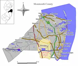 Location of Howell Township in Monmouth County highlighted in orange (right). Inset map: Location of Monmouth County in New Jersey highlighted in black (left). Interactive map of Howell Township, New Jersey
