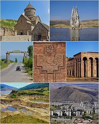 From top left: Makravank Monastery&nbsp;• Tsovinar monument on Aghbyurak Reservoir&nbsp;• Entrance monument Palace of Culture&nbsp;• Music school Marmarik Reservoir&nbsp;• Hrazdan skyline