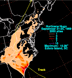 Filled contour map of rainfall attributed to Hugo
