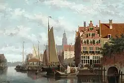Moored barges unloading, oil on canvas, c. 1880