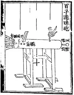 Essentially a gun on a frame, the 'multiple bullets magazine eruptor' (bai zi lian zhu pao) shoots lead shots, which are loaded in a magazine and fed into the barrel when turned around on its axis.