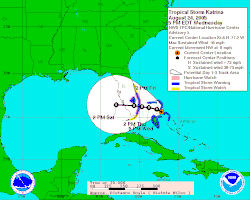 A map of a storm track surrounded by an error cone extending from the Bahamas west to Florida
