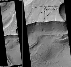 Hydraotes Chaos, as seen by HiRISE. Click on image to see channels and layers. Scale bar is 1,000&nbsp;m (3,300&nbsp;ft) long. Image in Oxia Palus quadrangle.
