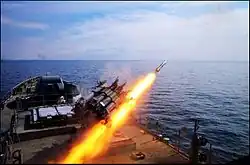 An image of Talwar-class frigate INS Tabar firing an RBU-6000 rockets.