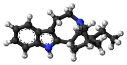 Ball-and-stick model of the ibogamine molecule