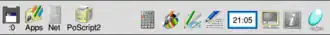 Screenshot of the icon bar under RISC OS 5 showing the following: Left portion, from left&nbsp;– Discs (in this case a single USB flash drive via SCSIFS), Apps folder (Resources:$.Apps), OmniClient (Network Filer), Printers, Right portion, from right&nbsp;– Task Manager, Help, Display Manager, Alarm, Edit, Draw, Paint, SciCalc