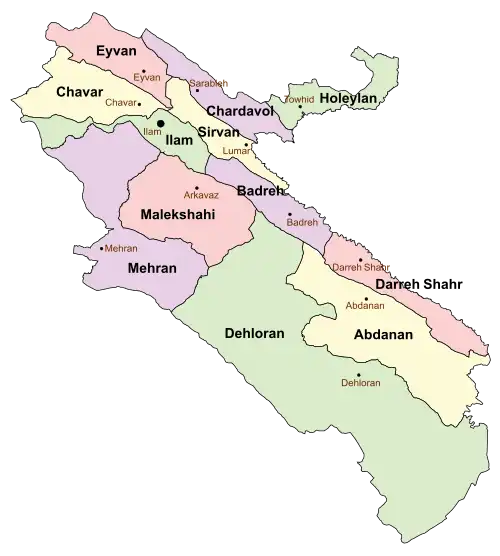 Location of Mehran County in&nbsp;Ilam&nbsp;province (left, purple)