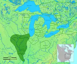 Image showing a picture of the tribal territory of Illinois at around 1700, with Michigamea near the bottom of the picture