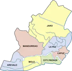 The districts of Iloilo City are Arevalo, City Proper, Jaro, La Paz, Lapuz, Mandurriao, and Molo.