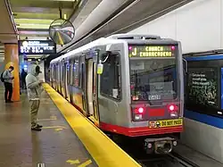 An inbound Muni Metro train at Montgomery station, 2018