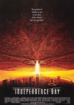 A huge alien spacecraft above New York City with a light beam over the Empire State Building, the title 'INDEPENDENCE DAY" behind the ID4 text appears below on the buildings, the film's tagline above reads. "The question of whether or not we are alone in the universe has been answered."
