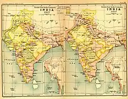 India in 1837 and 1857, showing East India Company-governed territories in pink.