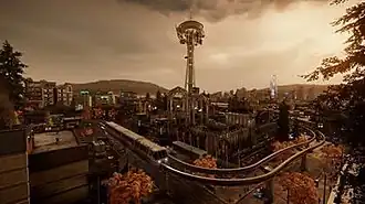 A screenshot of the game world's Seattle skyline, with the Space Needle depicted in the center. Lighting, draw distances and weather effects are visible.