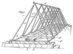 A patent drawing showing a footbridge constructed of triangular trusses