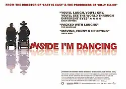 Two men sitting on wheelchairs, one of them wearing a cowboy hat, are seen on a white background. Next to them is the film's title.