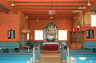 Flesberg Stave Church (12th century), interior log building enlargement to cruciform (1735)