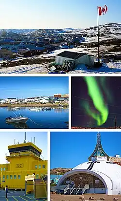 From top left: Cityscape from Joamie Hill, Iqaluit waterfront, Aurora borealis at night, Iqaluit Airport's former building, St. Jude's Cathedral