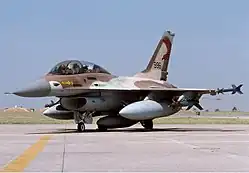A two-seat F-16A/B Netz of 144 Squadron "Phoenix" (of "Negev" also) with three external fuel tanks during an exercise in 2001