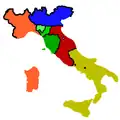 1859: &nbsp;&nbsp;Kingdom of Sardinia &nbsp;&nbsp;Kingdom Lombardy–Venetia &nbsp;&nbsp;Duchies Parma–Modena-Tuscany &nbsp;&nbsp;Papal States &nbsp;&nbsp;Kingdom of the Two Sicilies On the eve of the Second Italian War of Independence