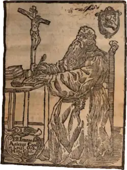 A 17th-century woodcut of a bearded friar writing at a desk with a crucifix