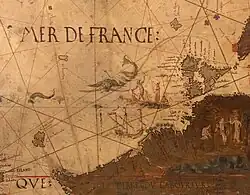 Renaissance manuscript map showing a large whale like creature with what appears to be a moustache being hunted by a boat of 5 people. The scene is off the coast of Canada