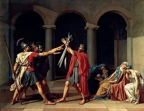 Oath of the Horatii; by Jacques-Louis David; 1784; oil on canvas; 3.3 x 4.27&nbsp;m; Louvre[27]