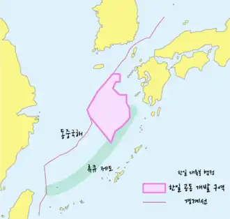 A map focused on an area highlighted in purple between China to the west, South Korea to the north, and Japan to the west