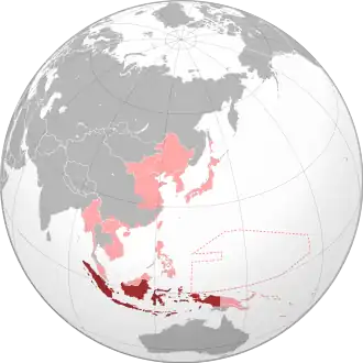 The former Dutch East Indies (dark red) within the Empire of Japan (light red) at its furthest extent