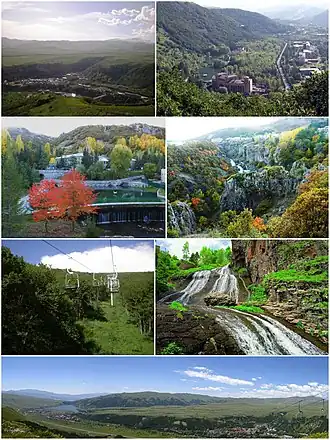 From top left: Jermuk skyline&nbsp;• Arpa River Spa resorts&nbsp;• Jermuk Forest Sanctuary Jermuk cableway&nbsp;• Jermuk Waterfall Panoramic view of Jermuk