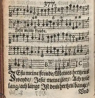 "Jesu, meine Freude" at the bottom of a 1653 print, music and below the first lines of the text