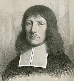 Portrait engraving of a 17th-century reformed pastor in the simple outfit for services