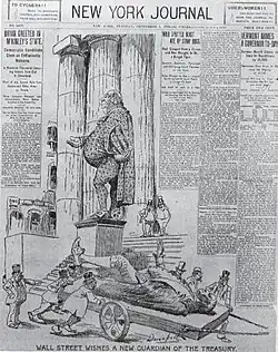 George Washington's statue is replaced by one of Hanna before the New York Sub-Treasury, 1896.