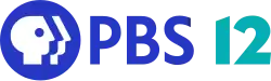 The PBS logo in blue next to a turquoise green numeral 12 in a sans serif
