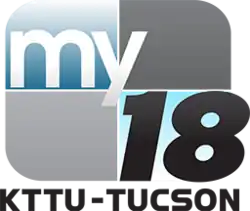A rounded rectangle divided into blue and gray parts with the word "my" in white and a black italicized "18" in the lower right. Underneath is the text "KTTU - TUCSON".