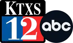 A black rounded box with the letters K T X S, the K larger than the T X S, in a Didone serif. Beneath is a half-blue, half-red box containing a numeral 12 in the same typeface. The ABC network logo overlaps this box on the lower-right side.