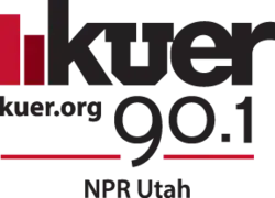 Two red bars next to the lowercase letters K U E R, mostly in a sans serif. The U is a block U associated with the University of Utah. Underneath, small, is the URL K U E R .org and the large frequency "90.1", and underneath that is a red bar and the words "N P R Utah".