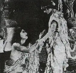 A man kneeling before a woman.