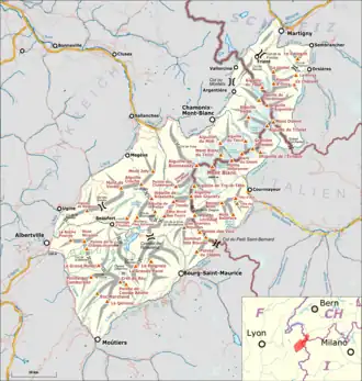 Simplified map of Mont Blanc massif showing location between France, Italy, and Switzerland