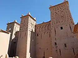 View of the main house inside the kasbah: a typical square-based structure with four corner towers, though a fifth tower (the middle tower seen here) was added after the original construction