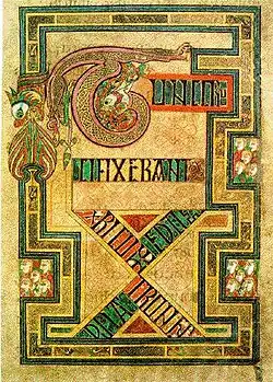 A highly stylised ouroboros from The Book of Kells, an illuminated Gospel Book (c.&nbsp;800 CE)