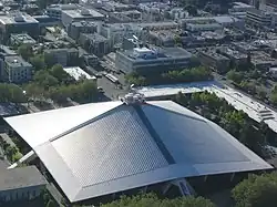 Aerial view of Climate Pledge Arena (previously Coliseum), designed by Paul Thiry and built for the Century 21 Exposition (1962 World's Fair)