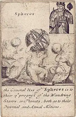 Deck of playing cards illustrating engineering instruments, England, 1702. King of spades: Spheres