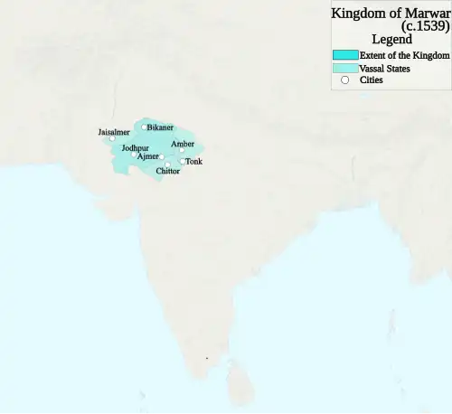 The Kingdom of Marwar at its greatest extent c.. 1539, under Maldeo Rathore
