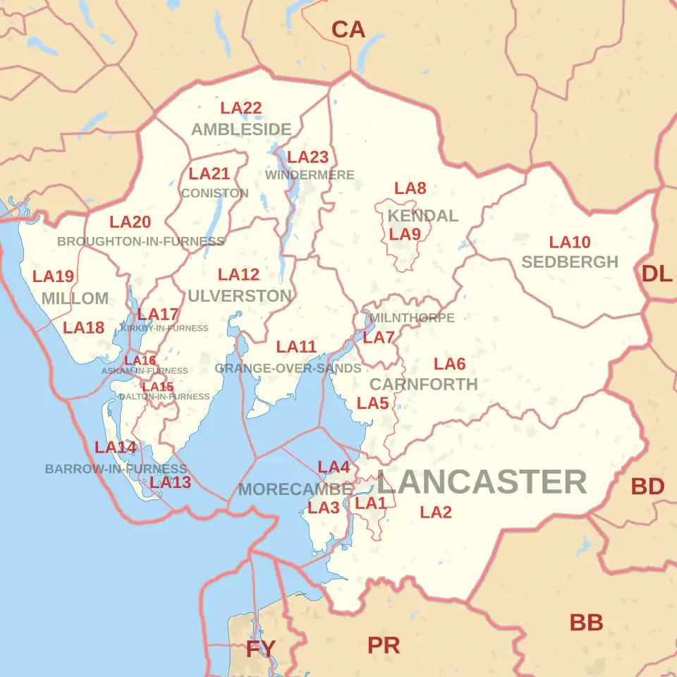 LA postcode area map, showing postcode districts, post towns and neighbouring postcode areas.