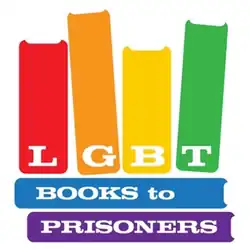 The logo of the organization is constructed of six simple drawings of book spines. The red, orange, yellow, and green spines are upright like on a shelf, and have the white letters L, G, B, and T, respectively. The blue and purple books are horizontal underneath, with the words "BOOKS to" and "PRISONERS" in white, respectively.