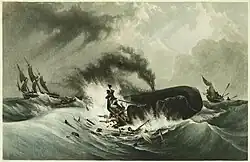 Painting of small, flame-engulfed boat with men clinging to wreckage next to spouting whale, with second small boat and larger three-masted ship in background