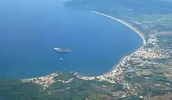 Aerial view of the town, Rincón de Guayabitos, and the Isla Coral