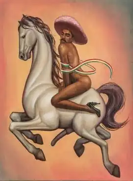 A Mexican person seated on an erect horse, nude, in a provocative pose, wearing a sombrero and high heels made of pistols, wrapped in a small ribbon with the colors of the Mexican flag.