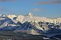 Mount Aylmer (centered), Lake Minnewanka (lower right)]]